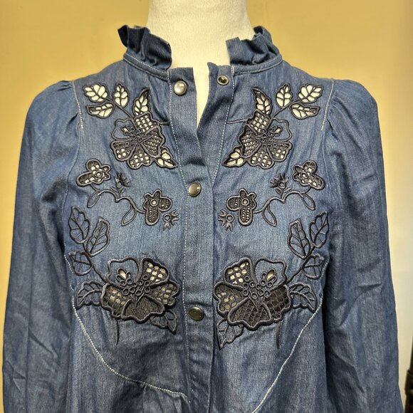 NWT! Coach Chambray Denim Embroidered Floral Shirt Dress Pockets Western Boho 0 - Picture 2 of 12